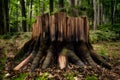 Old stump, remnant of felled tree trunk, stands in solitude