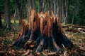 Old stump, remnant of felled tree trunk, stands in solitude