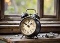Old style alarm clock with bells sitting on wooden office desk in a home Royalty Free Stock Photo