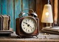 Old style alarm clock with bells sitting on wooden office desk in a home Royalty Free Stock Photo