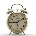 Old-style alarm clock, metal, it`s quarter past twelve.
