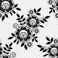 Seamless retro floral wedding lace vector pattern - design with flowers and swirls, detailed ornament in black on white background Royalty Free Stock Photo