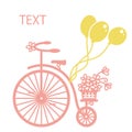 Old style bicycle silhouette and flowers in wicker basket and ballons. Vector graphic illustration of vintage bike isolated on Royalty Free Stock Photo