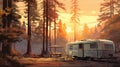 Sunset Camper Trailer In Forest: Architectural Illustration With Muted Colors