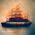 Old Style Chinese Sailing Ship Filled with Gardenias and other Flowers Royalty Free Stock Photo
