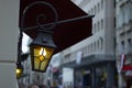 Old-style decorative street lamp. Close-up. Withdrew from the side