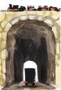 Old style drawing. Arch of a high stone road bridge. A paravoz rides across the bridge. In the arch of the tunnel, the silhouette