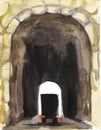 Old style drawing. High stone road tunnel with a dark arch. In the tunnel, the silhouette of a large truck with its headlights on