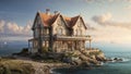 An old-style mansion situated on the edge of a sea coast, captured in idyllic weather conditions. Perfect for showcasing coastal Royalty Free Stock Photo