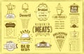 Old style menu list - fast food and pizza, meats menu, burgers, appetizers, etc