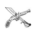 Old style pistol and machete crossed, side view, hand drawn doodle, sketch, black and white vector Royalty Free Stock Photo