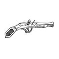 Old style pistol side view, hand drawn doodle, sketch