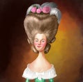 Old style portrait, 17th, 18th century. Detailed caricature of an old era woman, old fashion. High hairstyle wig, blonde hair, Royalty Free Stock Photo