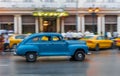 HAVANA, CUBA - OCTOBER 21, 2017: Old Style Retro Car in Havana, Cuba. Public Transport Taxi Car for Tourist and Local People. Blue