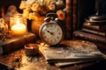 Old style retro vintage still life background. Quite evening table with antique clock candles and books, nostalgia concept