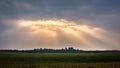 Rural landscape with dark dramatic sky during sunrise. The rays of the sun penetrate through a dark cloud Royalty Free Stock Photo