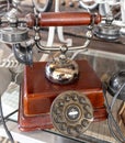 old style wooden and metal telephone