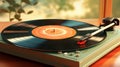 Old stylish vintage retro music vinyl player with records Royalty Free Stock Photo