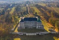 Old stylized Podgortsy castle, Podgortsy village, Renaissance palace, front view, Lviv region, Ukraine. In the background, an