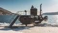 An old submarine stands on the snowy bank of the river.