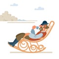 Old successful cowboy resting with a Cup of coffee in a rocking chair. wild West. Cartoon vector illustration. Flat