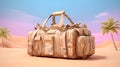 Old suitcase. Camouflage pattern. Desert background.