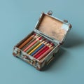 old suitcase with colored pencils, generative AI