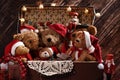 Old suitcase full of teddy bears in Santa caps Royalty Free Stock Photo