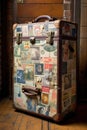 old suitcase with vintage travel stickers Royalty Free Stock Photo