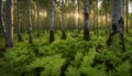 An old summery boreal forest with some aspens and ferns during an evening