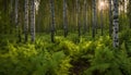 An old summery boreal forest with some aspens and lush ferns during an