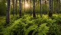 An old summery boreal forest with some aspens lush ferns during an evening