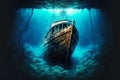 old sunken wooden boat at depths of ocean