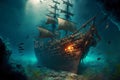 old sunken wooden sail ship on sea floor with ghost lights inside, neural network generated art