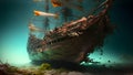 old sunken wooden sail ship on sea floor, neural network generated art