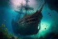 old sunken wooden sail ship on sea floor, neural network generated art