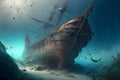 old sunken wooden sail ship on sea floor, neural network generated art