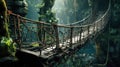 Old suspension bridge in jungle, hanging wood vintage footbridge in tropical forest in summer. Scenery of trees, foliage and water