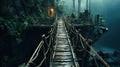 Old suspension bridge in jungle at night, hanging wood footbridge in tropical forest. Scenery of trees, mountain and foliage.