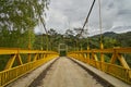 Old suspension bridge with yellow paint and a single track leading into the dense forest.