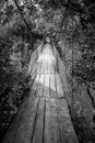 Old suspension footbridge covered with wooden planks in the village of Debnevo, Stara Planina mountain, Bulgaria. Black and white