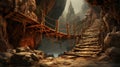 Old suspension wooden bridge in mountains, vintage wood hanging footbridge and rocks. Scene like in adventure movie. Concept of