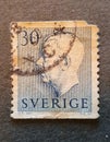 Old Swedish postage stamp 1951 shows Gustaf VI Adolf