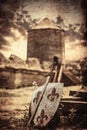 The old sword and shield on the castle background Royalty Free Stock Photo