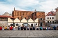 Old Synagogue and tourist people at Kazimierz district Jewish quarter in Krakow, Poland