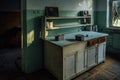 Old table in abandoned analytic laboratory in old empty flour mill factory