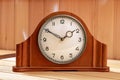 Old table clock made of wood. Mechanical. On a wooden background Royalty Free Stock Photo