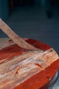 old table laminated peel spokes have exotic hardwood board chip shavings