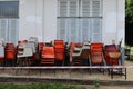 Old tables and chairs Lecture table for students. Close concept. Keep it outside the building. Royalty Free Stock Photo