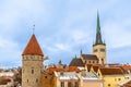 Old Tallinn town, view to the Stolting tower and Saint Olaf`s church Royalty Free Stock Photo